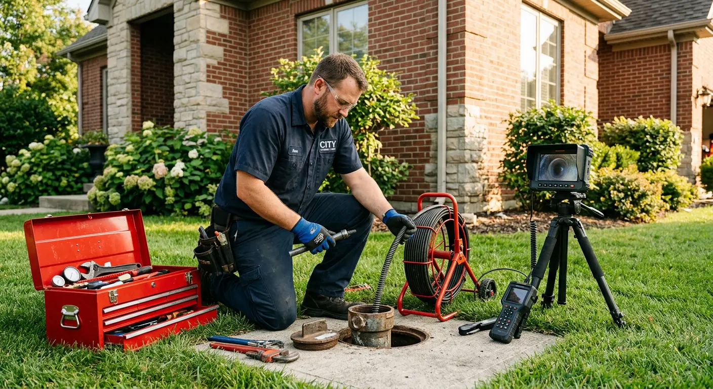 Sewer specialist with camera equipment servicing a cleanout in Homeland Park