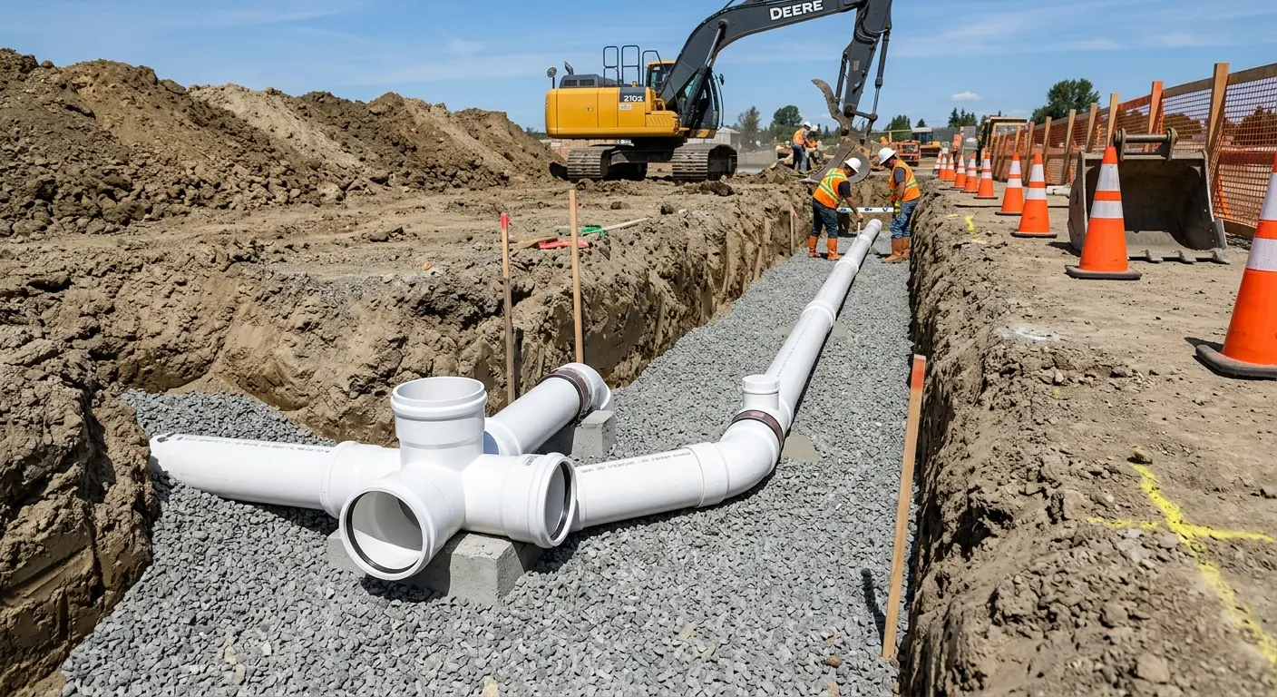 New PVC sewer pipe installation in open trench for Grease Trap Cleaning in Homeland Park