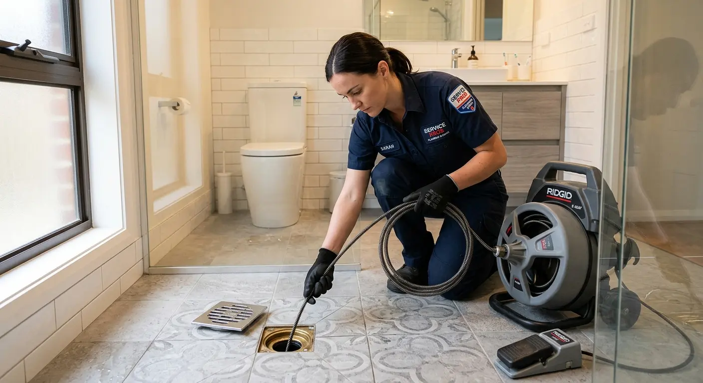 Technician clearing a bathroom floor drain for Clogged Drain Repair in Homeland Park